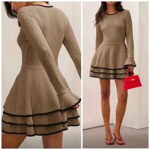 New Contrast Trim Tiered Ruffle Mini Dress Long Sleeve Khaki Black